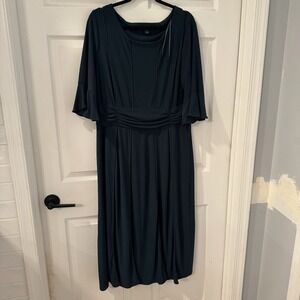 Perceptions Dress Sz XL Green Midi Fit Flair Gathered Waist Pin Tuck Ruffle